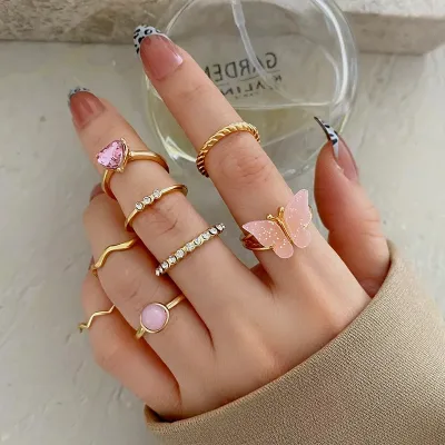 Pink Butterfly Heart Finger Ring Set (8 pcs)